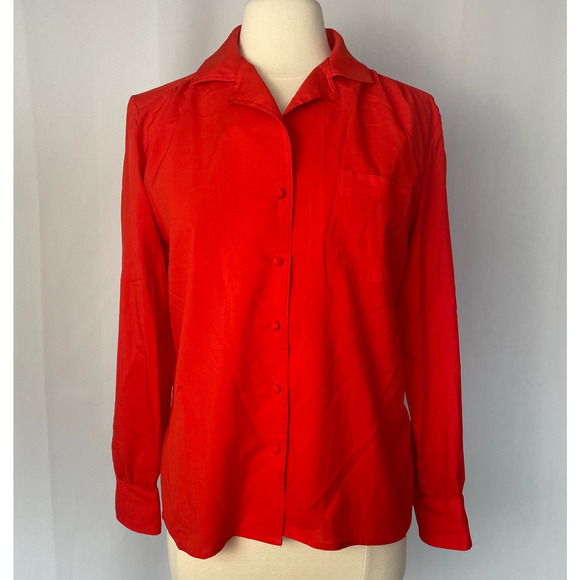 Vintage Top Blouse Size 14 Red Solid Long Sleeve Button Up Minimalist Office 90s - Picture 1 of 10